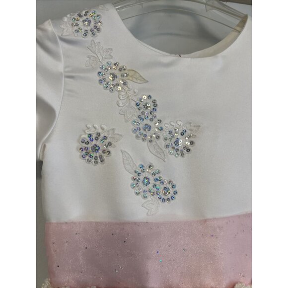 US Angels Flower Girls Dress White Silver Sparkle Pink Ribbon size 8 - Picture 4 of 7